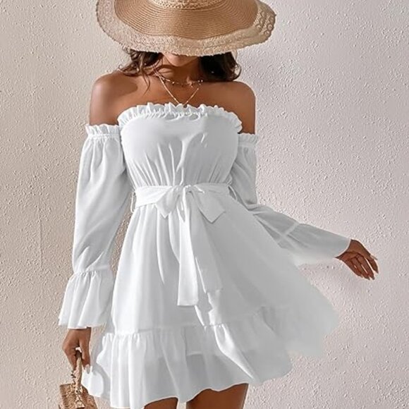 Dresses & Skirts - Women's Off Shoulder Flare Sleeve Ruffle Hem Belted Dress NWT